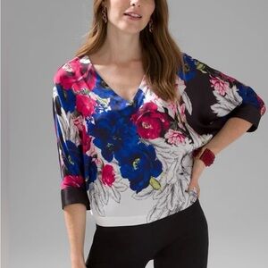 White House Black Market Floral V-Neck Kimono Blouse, Large